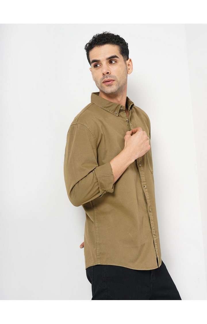 Celio Men Khaki Solid Regular Fit Cotton Shirt