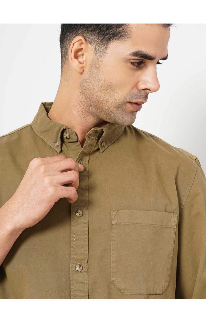 Celio Men Khaki Solid Regular Fit Cotton Shirt