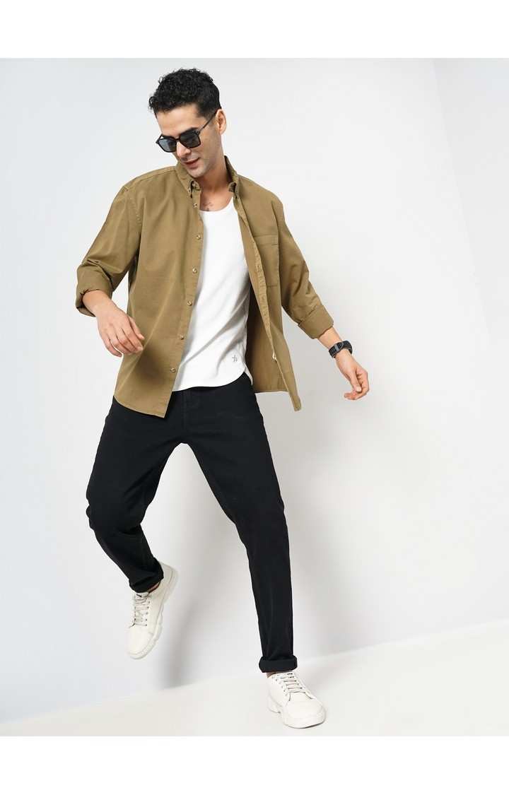 Celio Men Khaki Solid Regular Fit Cotton Shirt