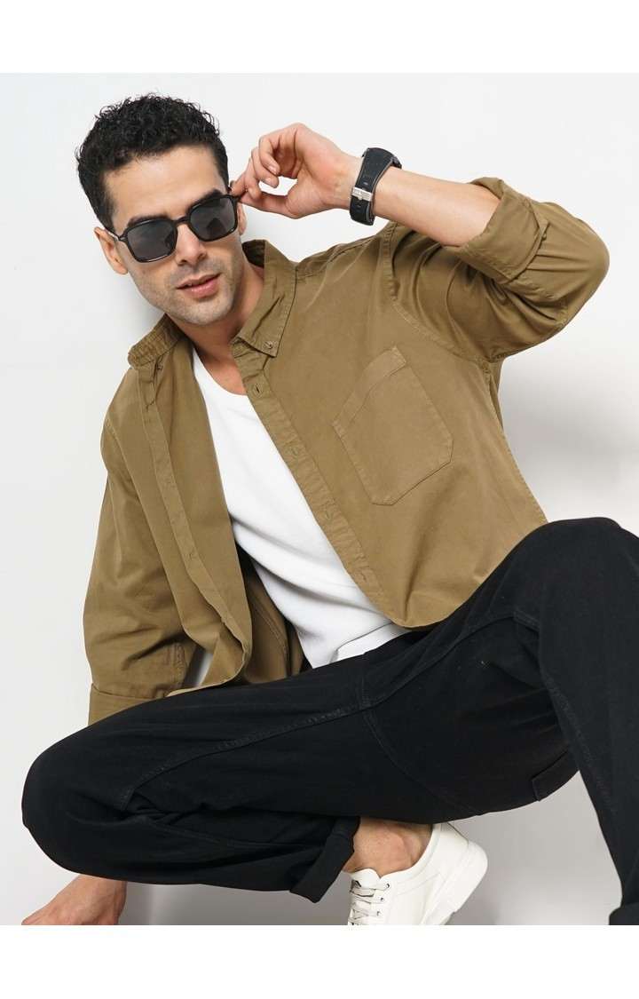 Celio Men Khaki Solid Regular Fit Cotton Shirt
