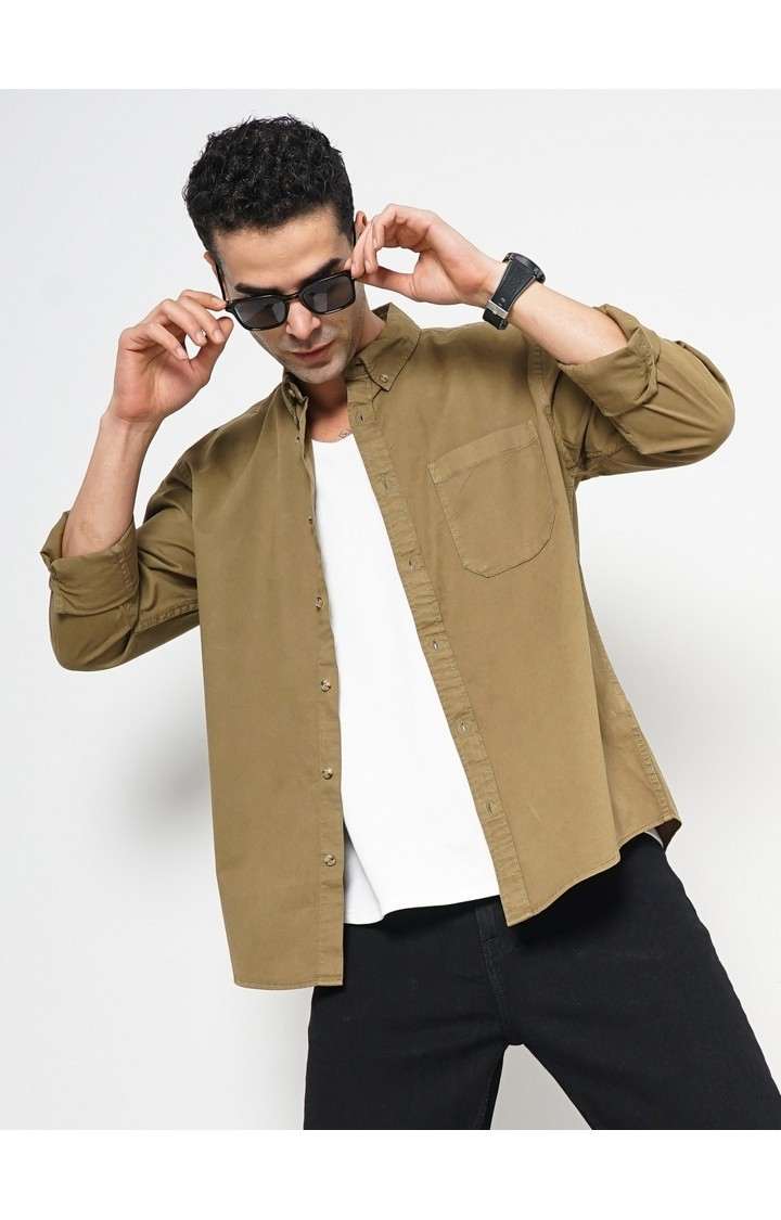 Celio Men Khaki Solid Regular Fit Cotton Shirt