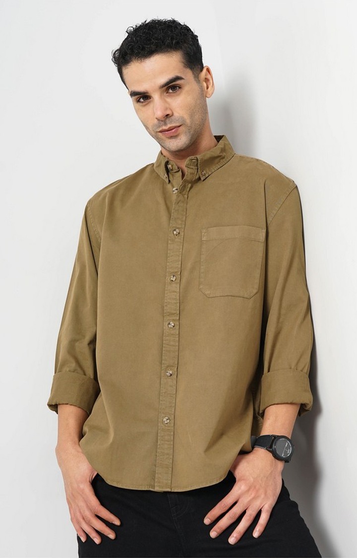 Celio Men Khaki Solid Regular Fit Cotton Shirt