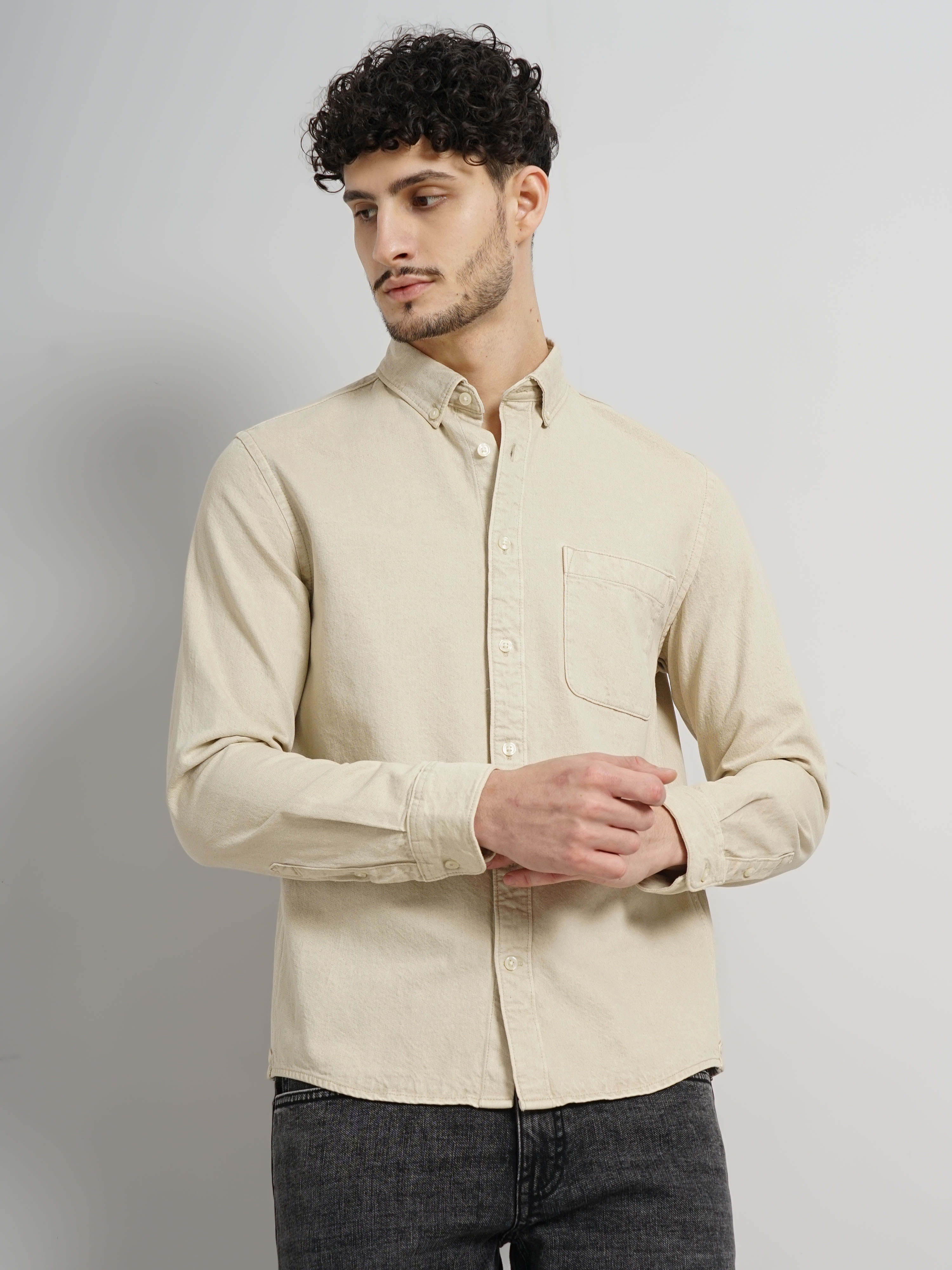celio | Celio Men Beige Solid Oversized Cotton Over-Dyed Casual Shirt