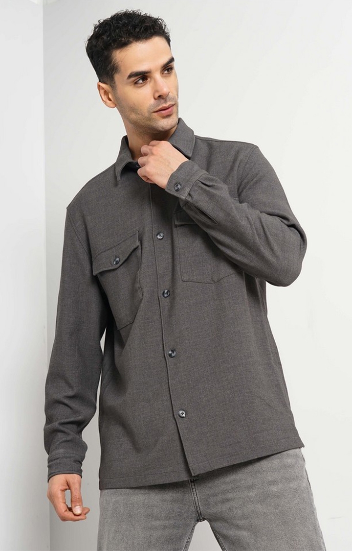 celio | Celio Men Grey Solid Oversized Polyester Shirt