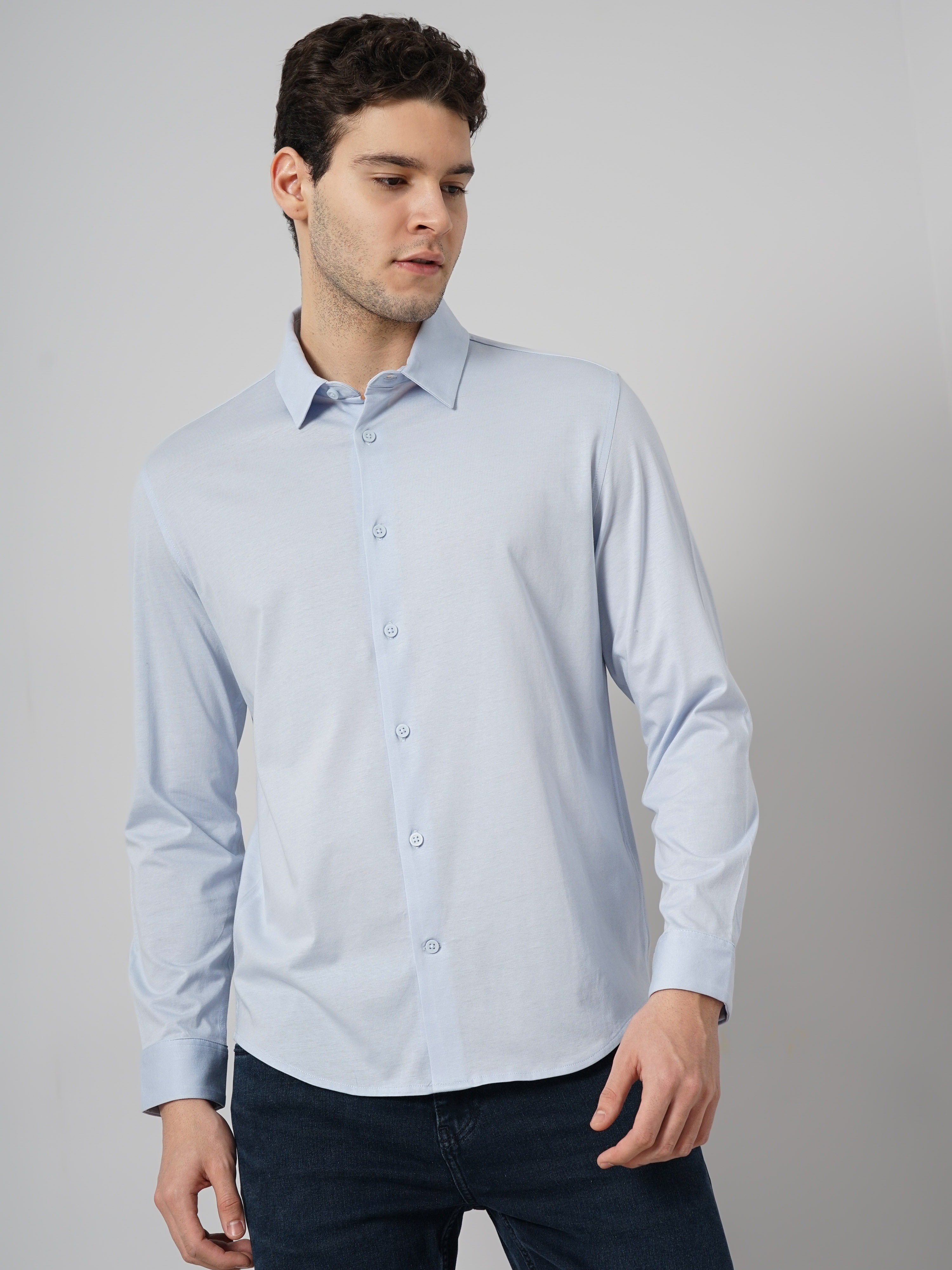 celio | Celio Men Blue Solid Regular Fit Cotton Knitted Casual Shirt