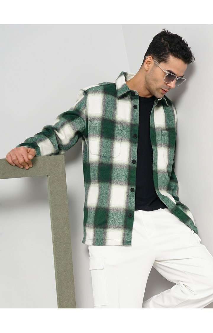 Celio Men Green Striped Oversized Polyester Shirt