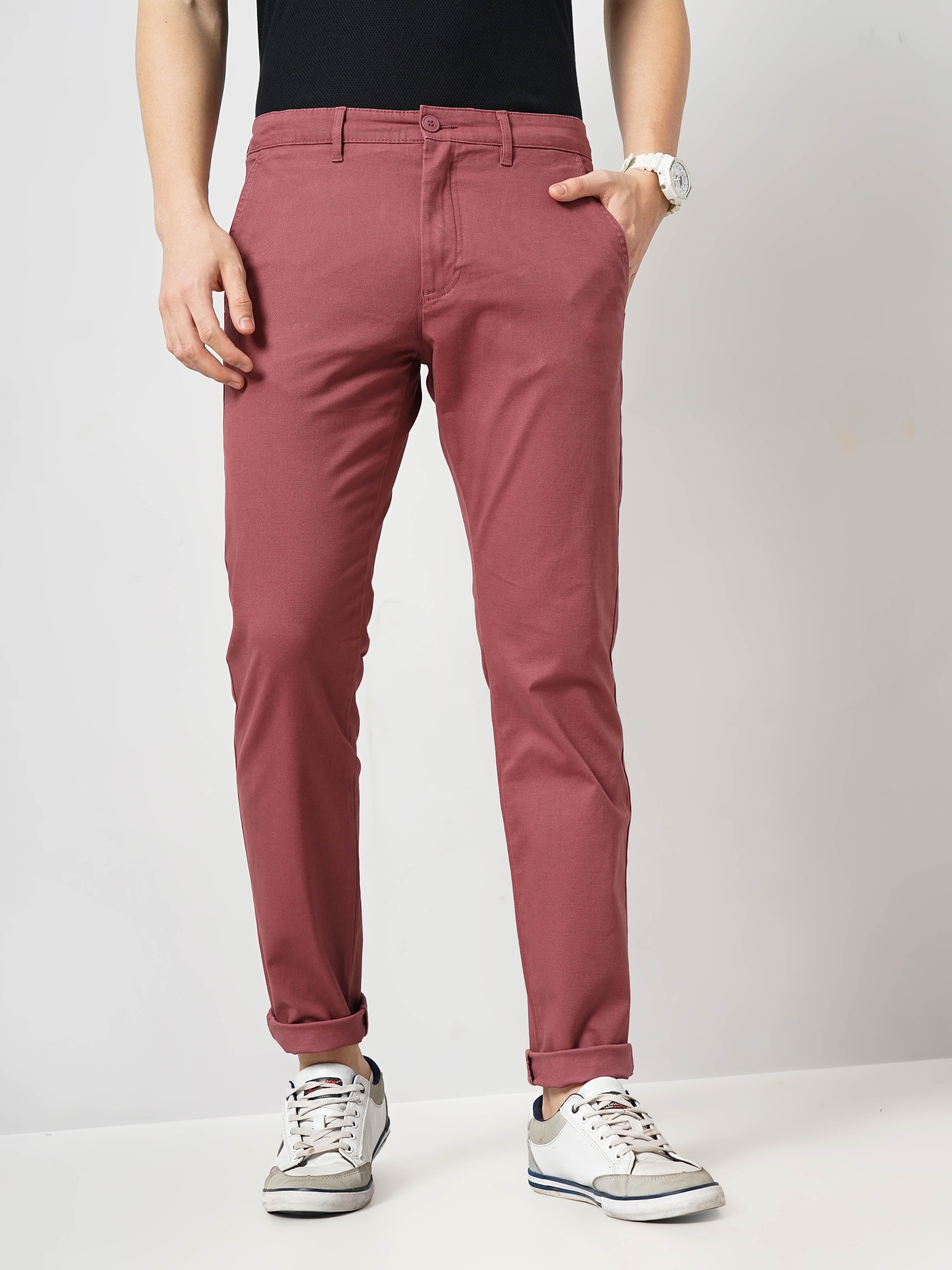 Celio Men Maroon Solid Slim Fit Cotton Basic Chinos Casual Trousers