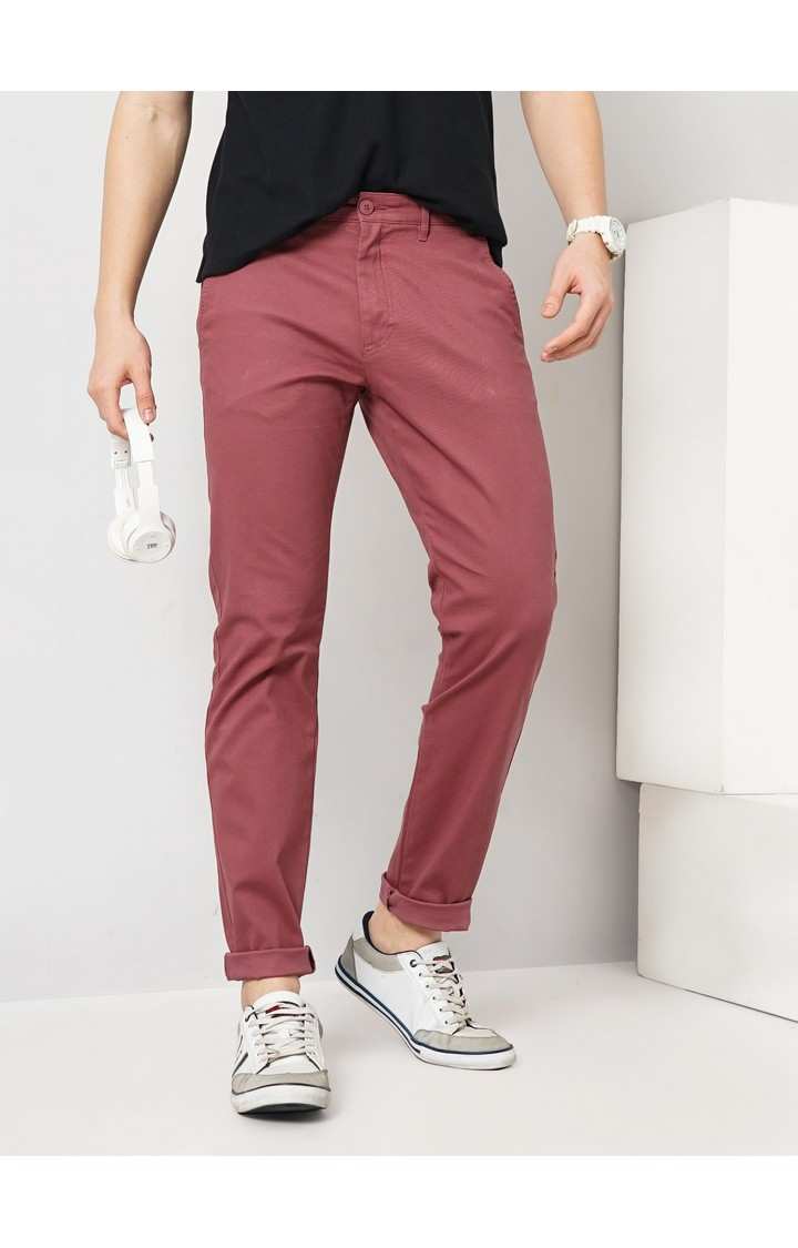Celio Men Maroon Solid Slim Fit Cotton Basic Chinos Casual Trousers
