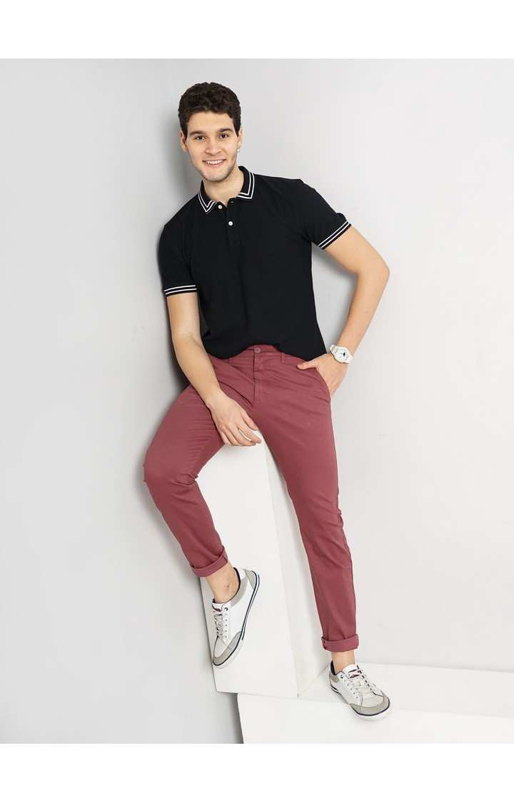 Celio Men Maroon Solid Slim Fit Cotton Basic Chinos Casual Trousers