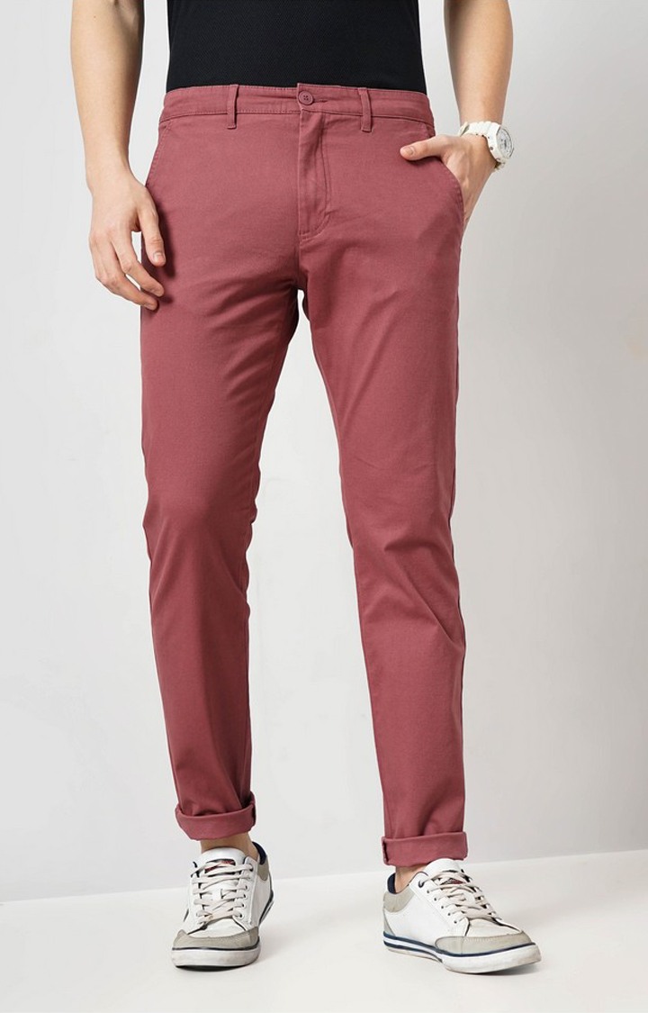 Celio Men Maroon Solid Slim Fit Cotton Basic Chinos Casual Trousers