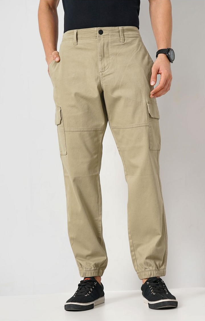 celio | Celio Men Green Solid Regular Fit Cotton Cargo Trousers
