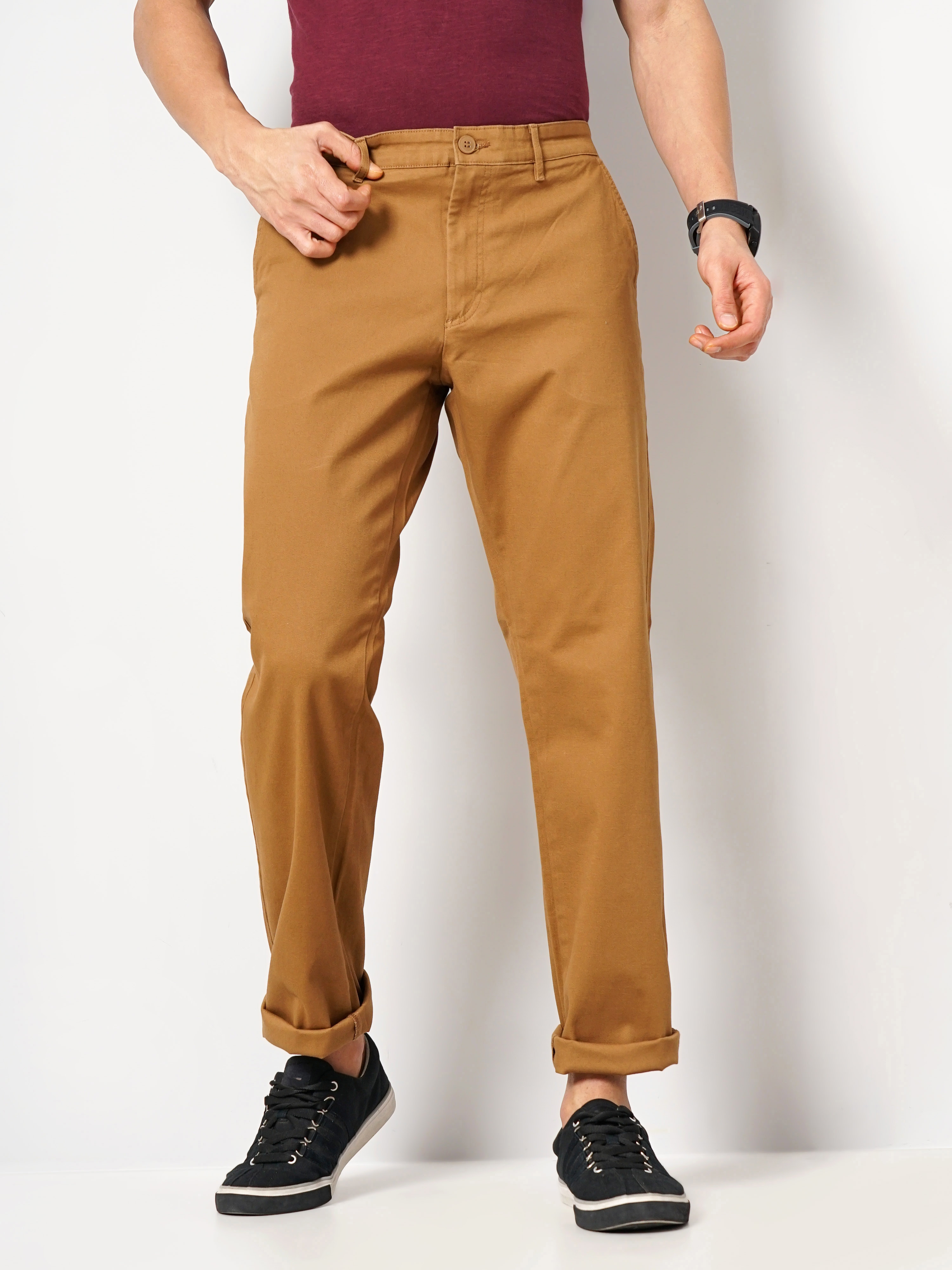 celio | Celio Men Brown Solid Straight Fit Cotton Chino Casual Trouser 0