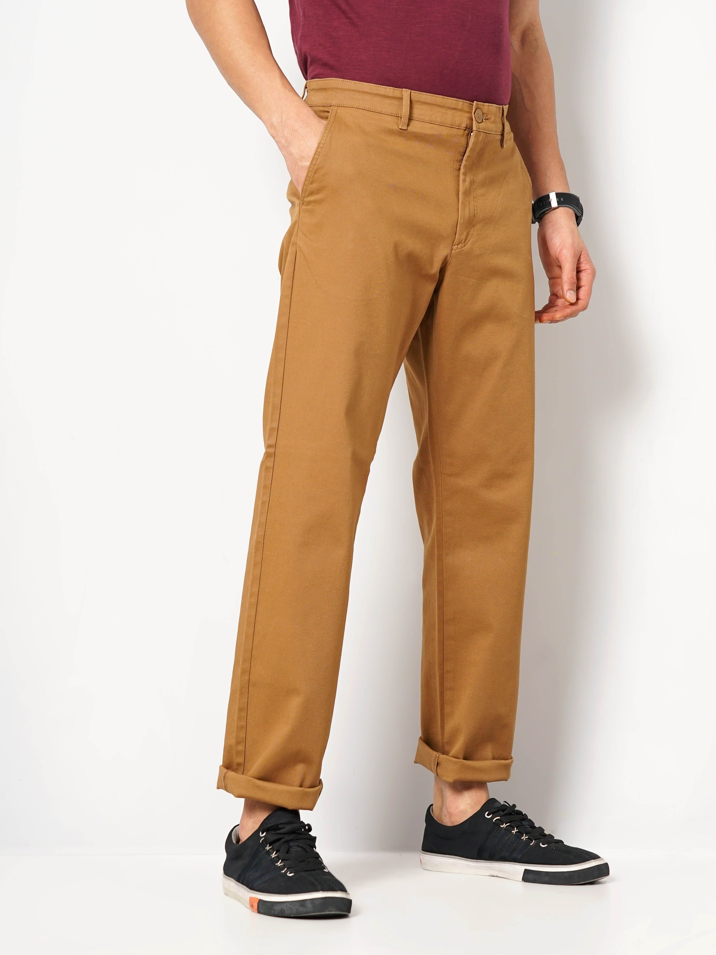celio | Celio Men Brown Solid Straight Fit Cotton Chino Casual Trouser 5