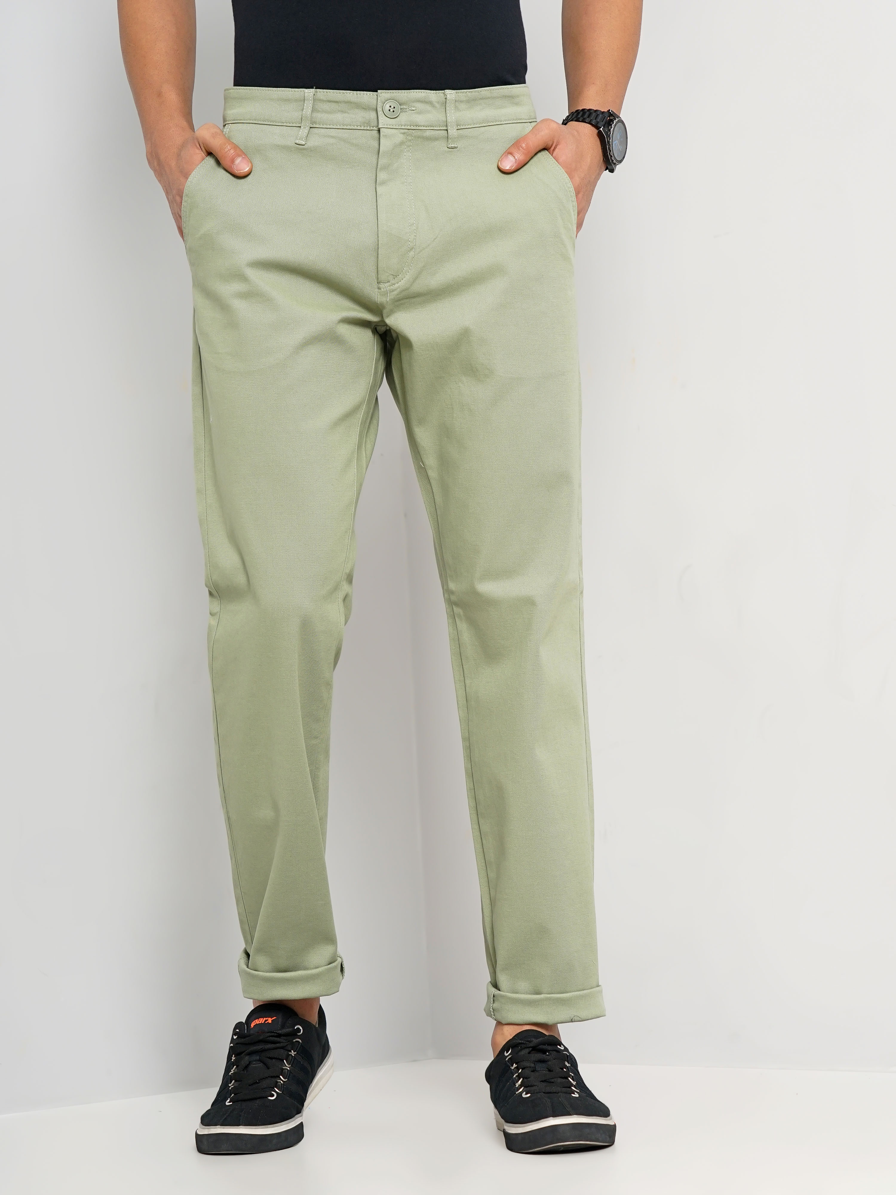 Celio Men Green Solid Slim Fit Cotton Trousers