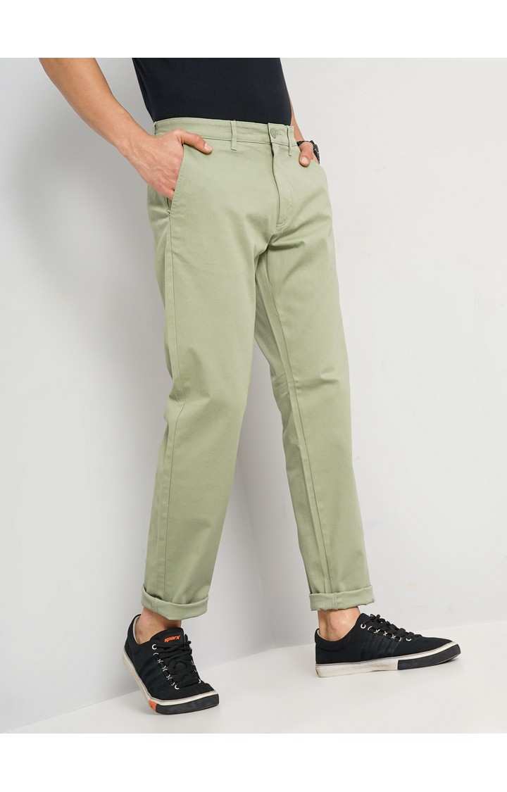 Celio Men Green Solid Slim Fit Cotton Trousers