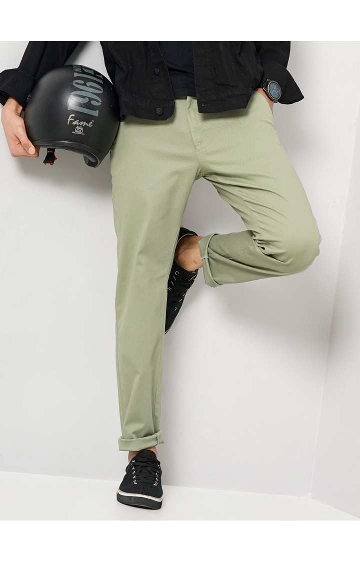 Celio Men Green Solid Slim Fit Cotton Trousers