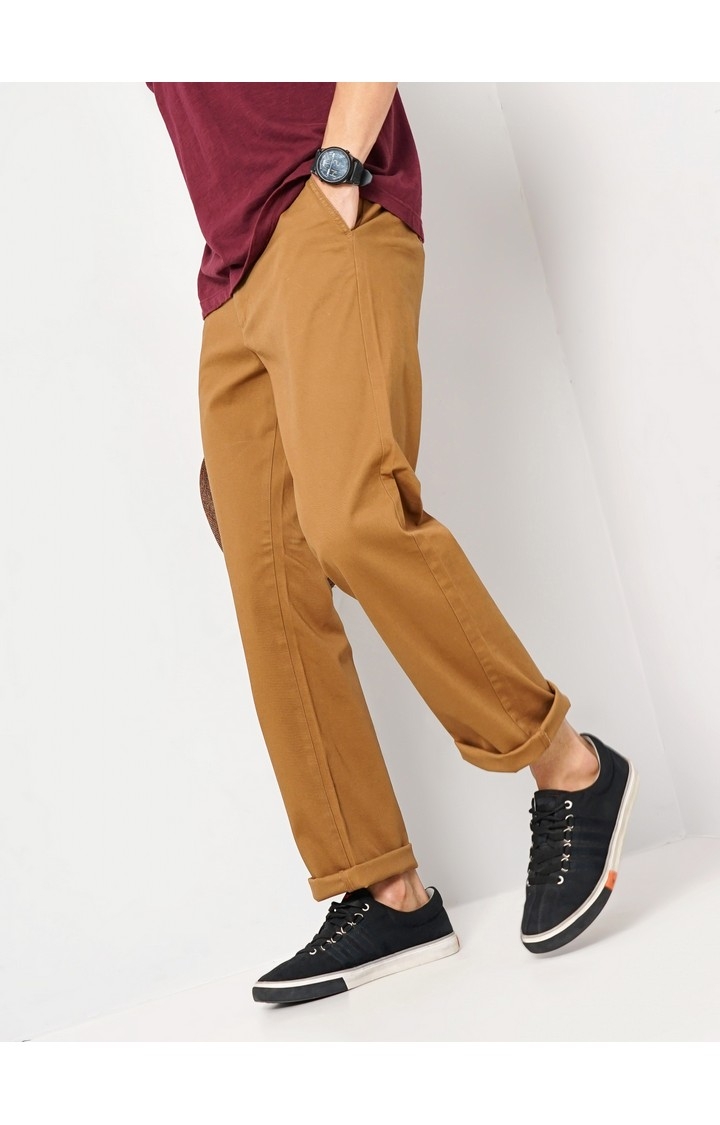 Celio Men Brown Solid Straight Fit Cotton Chino Casual Trouser