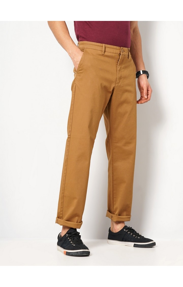 Celio Men Brown Solid Straight Fit Cotton Chino Casual Trouser