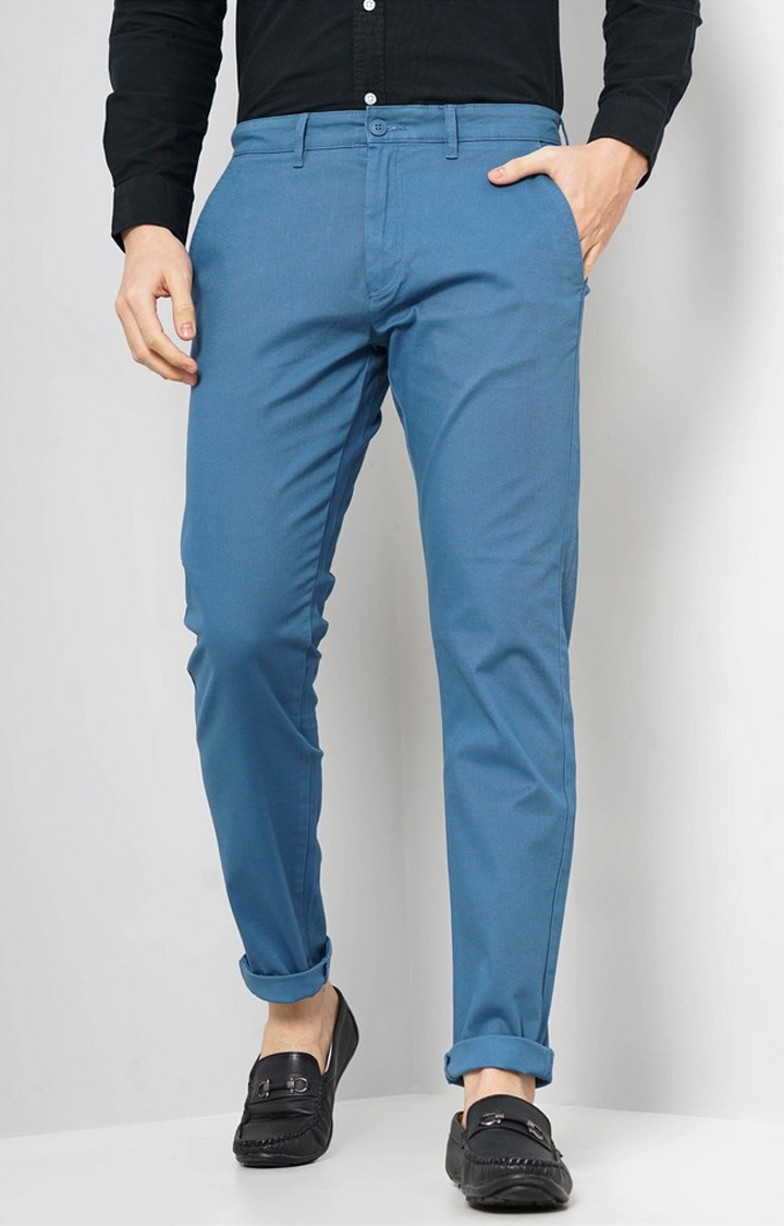 celio | Celio Men Blue Solid Slim Fit Cotton Basic Chinos Casual Trousers
