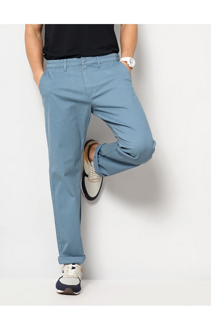 Celio Men Blue Solid Straight Fit Cotton Chino Casual Trouser