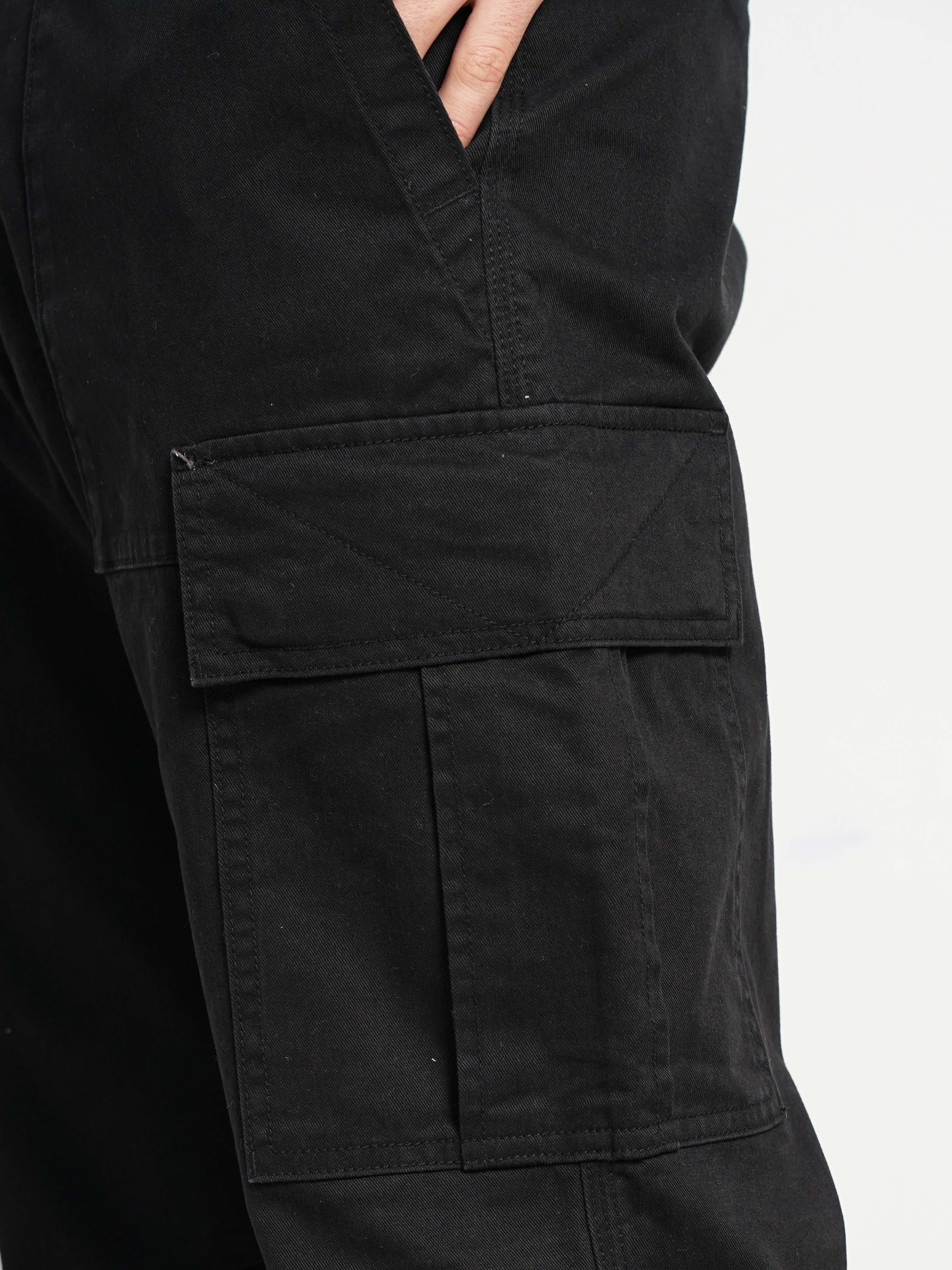 Celio Men Black Solid Straight Fit Cotton Twill Cargo Casual Trousers