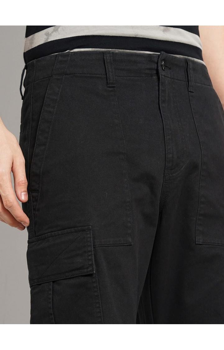 Celio Men Black Solid Straight Fit Cotton Twill Cargo Casual Trousers