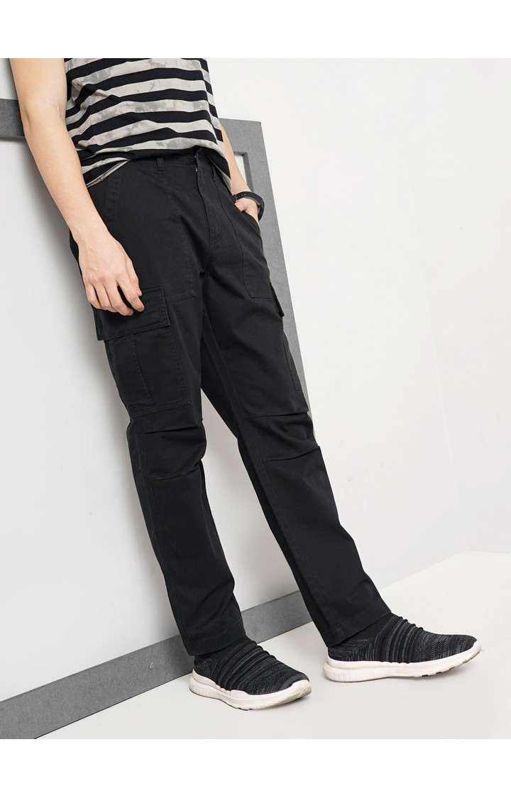 Celio Men Black Solid Straight Fit Cotton Twill Cargo Casual Trousers