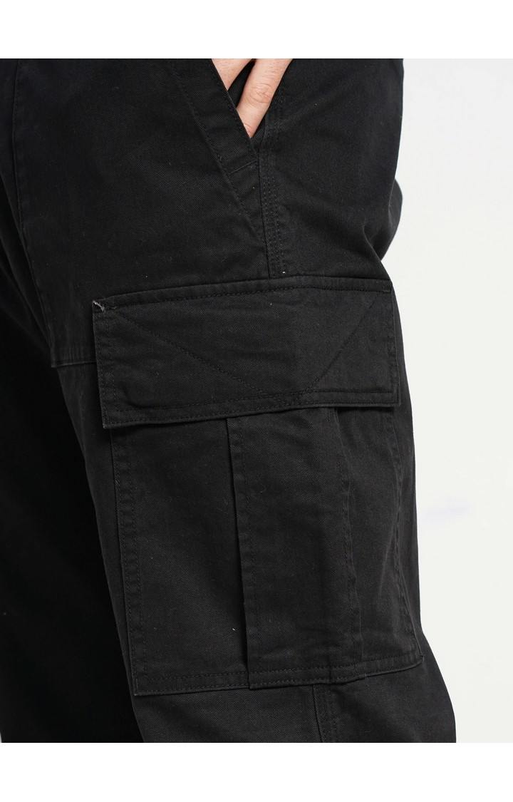 Celio Men Black Solid Straight Fit Cotton Twill Cargo Casual Trousers