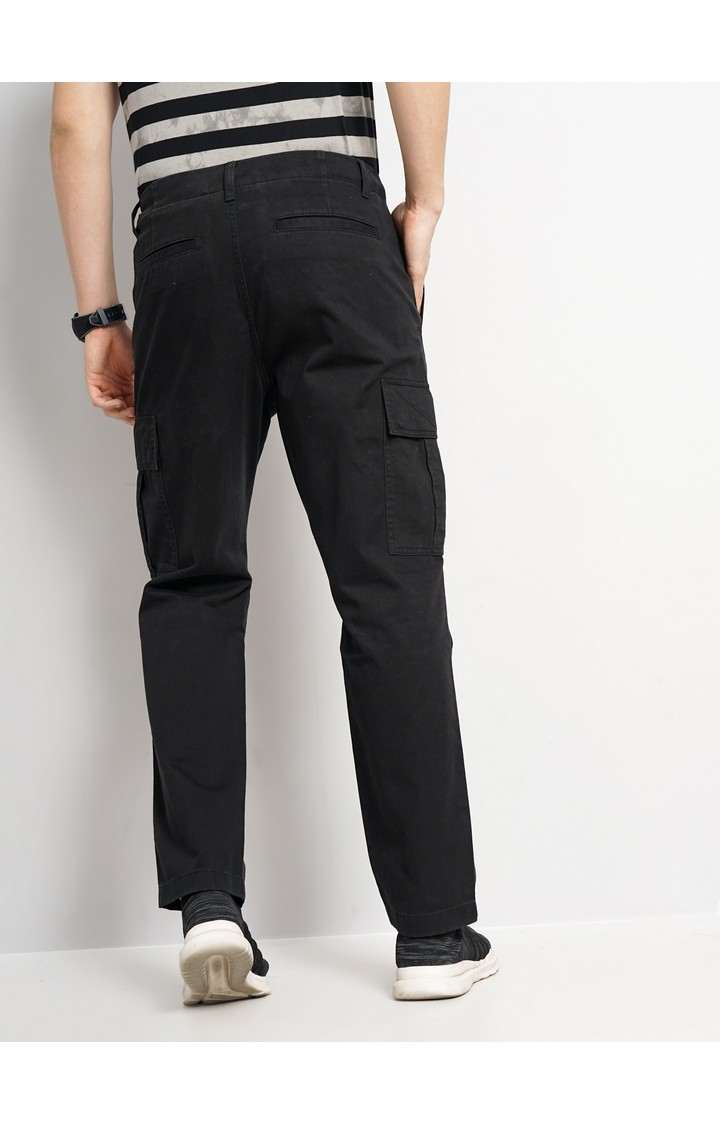 Celio Men Black Solid Straight Fit Cotton Twill Cargo Casual Trousers