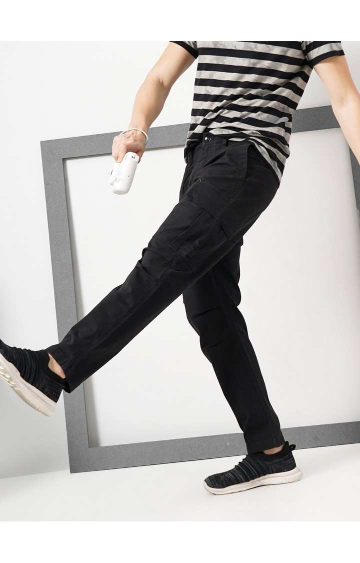 Celio Men Black Solid Straight Fit Cotton Twill Cargo Casual Trousers