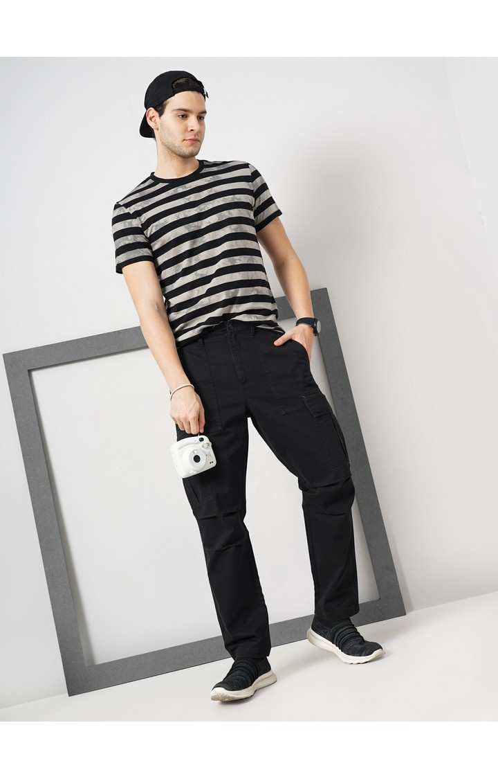 Celio Men Black Solid Straight Fit Cotton Twill Cargo Casual Trousers