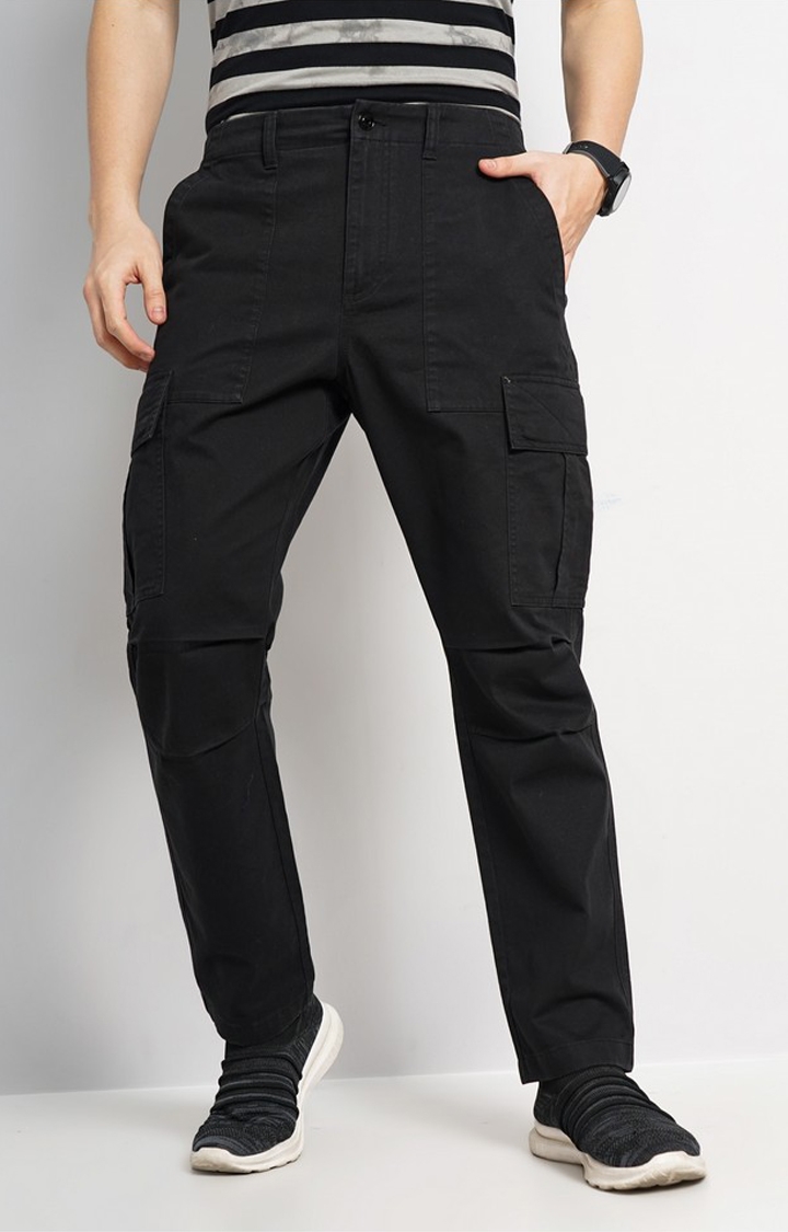 celio | Celio Men Black Solid Straight Fit Cotton Twill Cargo Casual Trousers