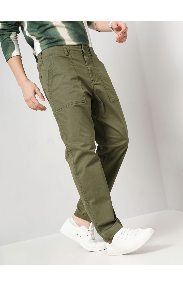 Celio Men Olive Solid Loose Fit Cotton Elastane Cargos Casual Trousers