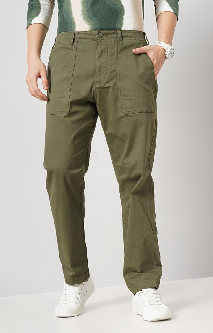 celio | Celio Men Olive Solid Loose Fit Cotton Elastane Cargos Casual Trousers