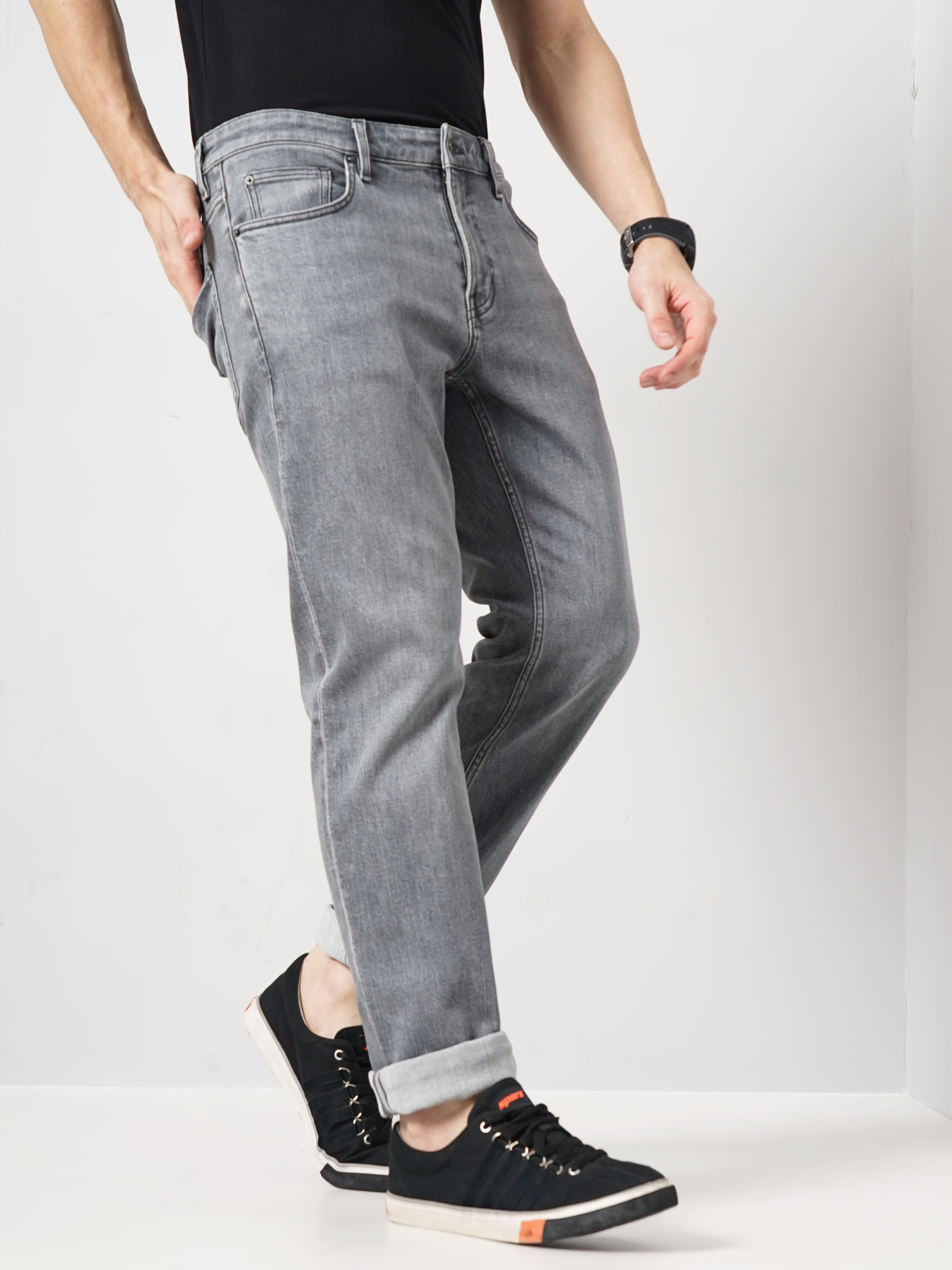 Celio Men Grey Solid Straight Fit Cotton Twill Denim Jeans