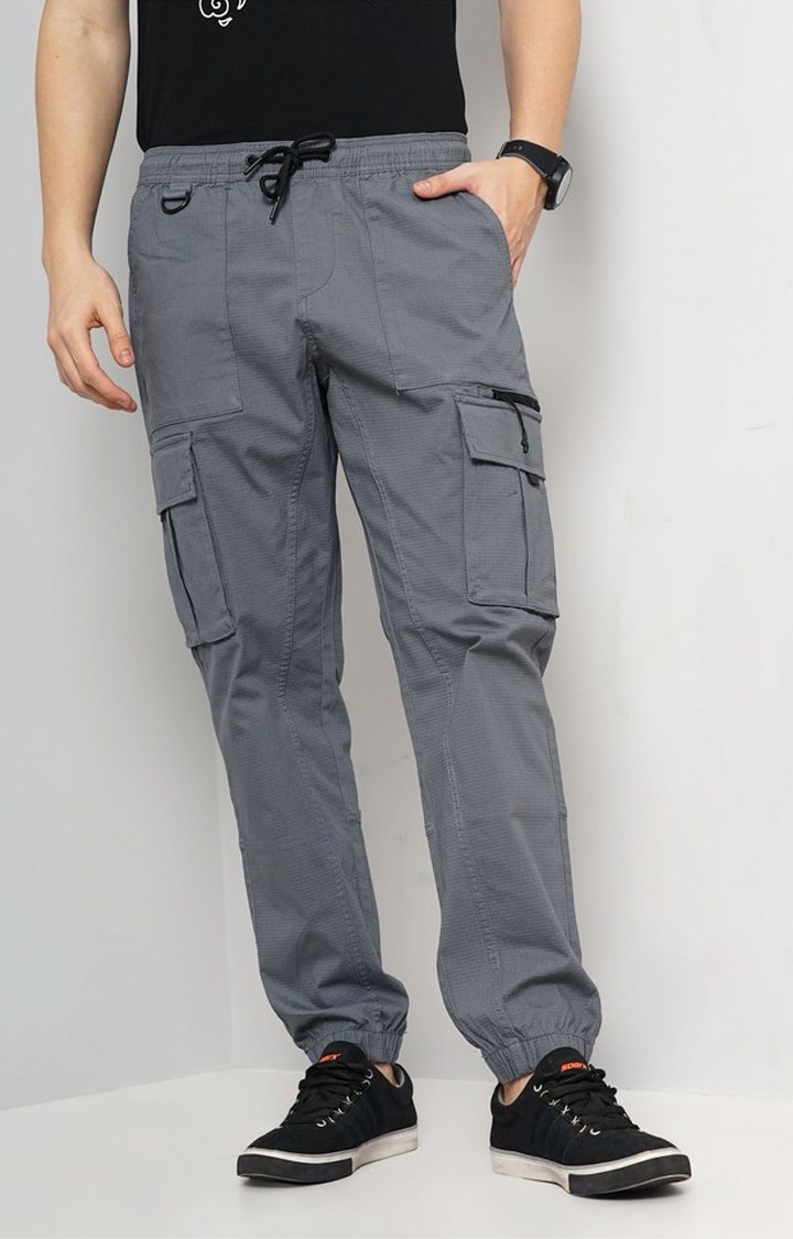 celio | Celio Men Grey Solid Loose Fit Cotton Elastane Cargos Casual Trousers