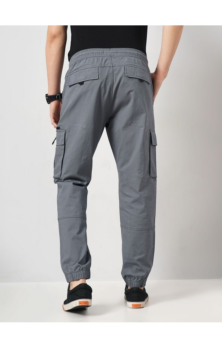 Celio Men Grey Solid Loose Fit Cotton Elastane Cargos Casual Trousers