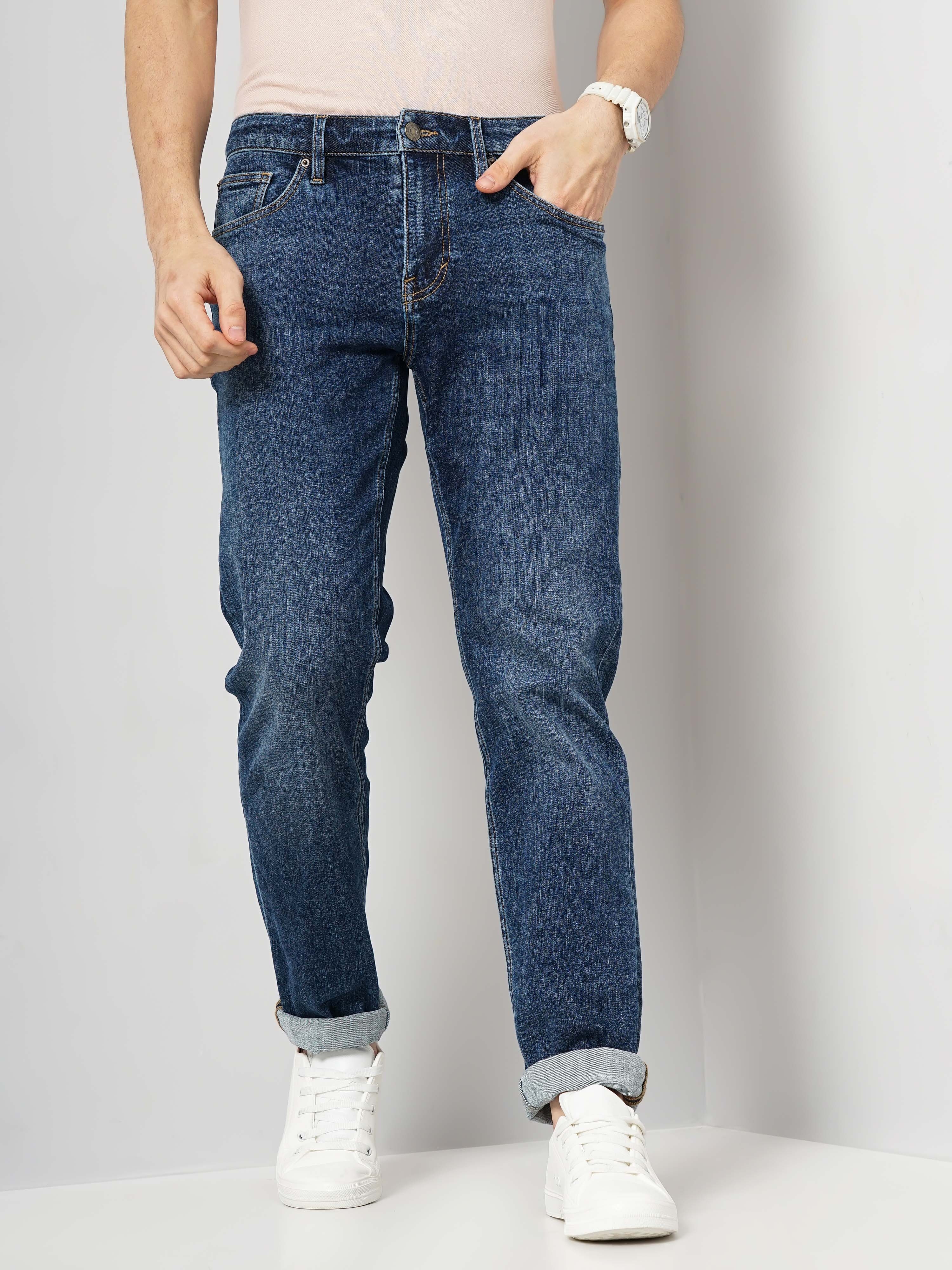 celio | Celio Men Blue Solid Straight Fit Cotton Twill Denim Jeans