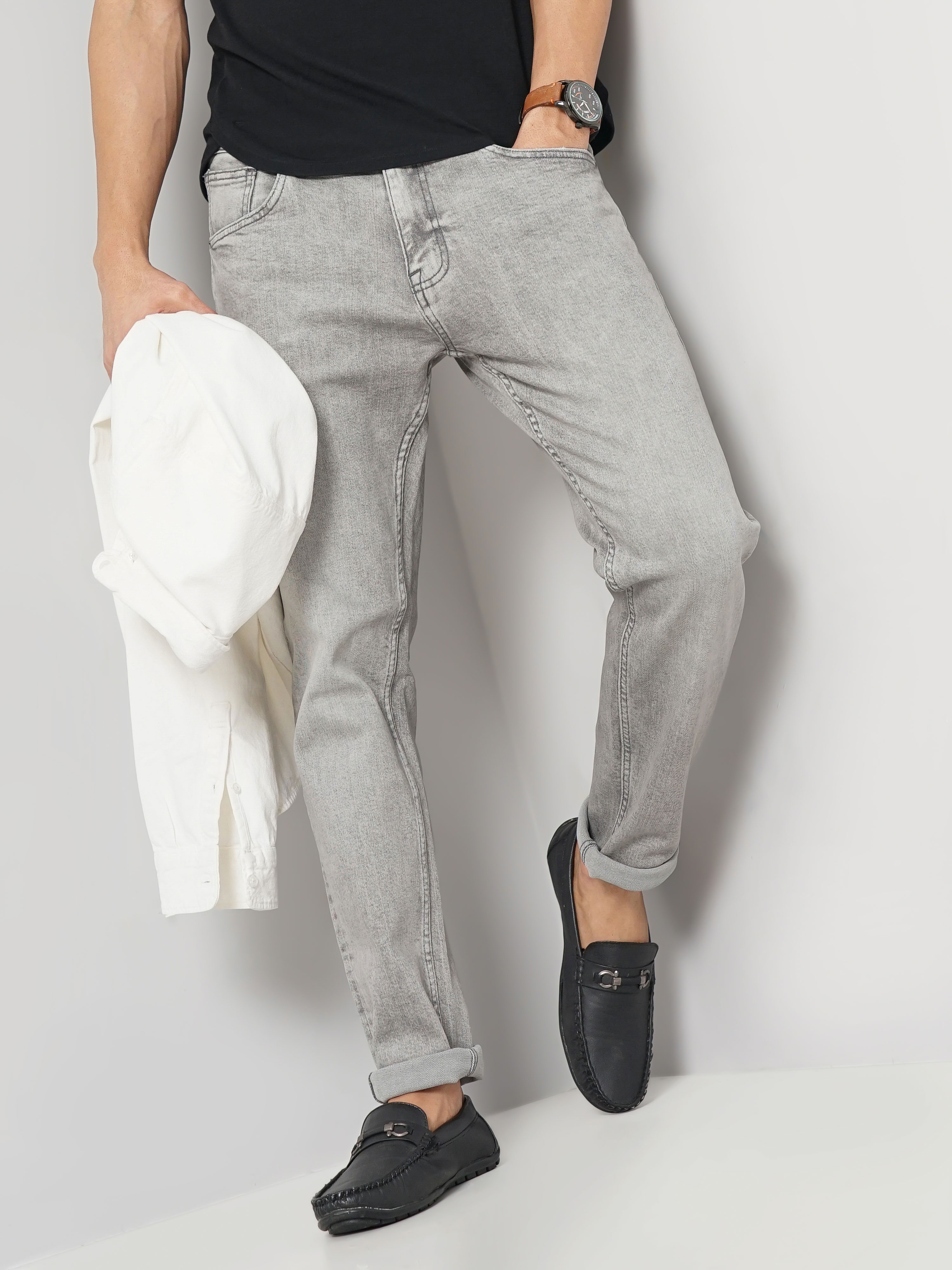 celio | Celio Men Grey Solid Slim Fit Cotton Colored Denim Jeans 7