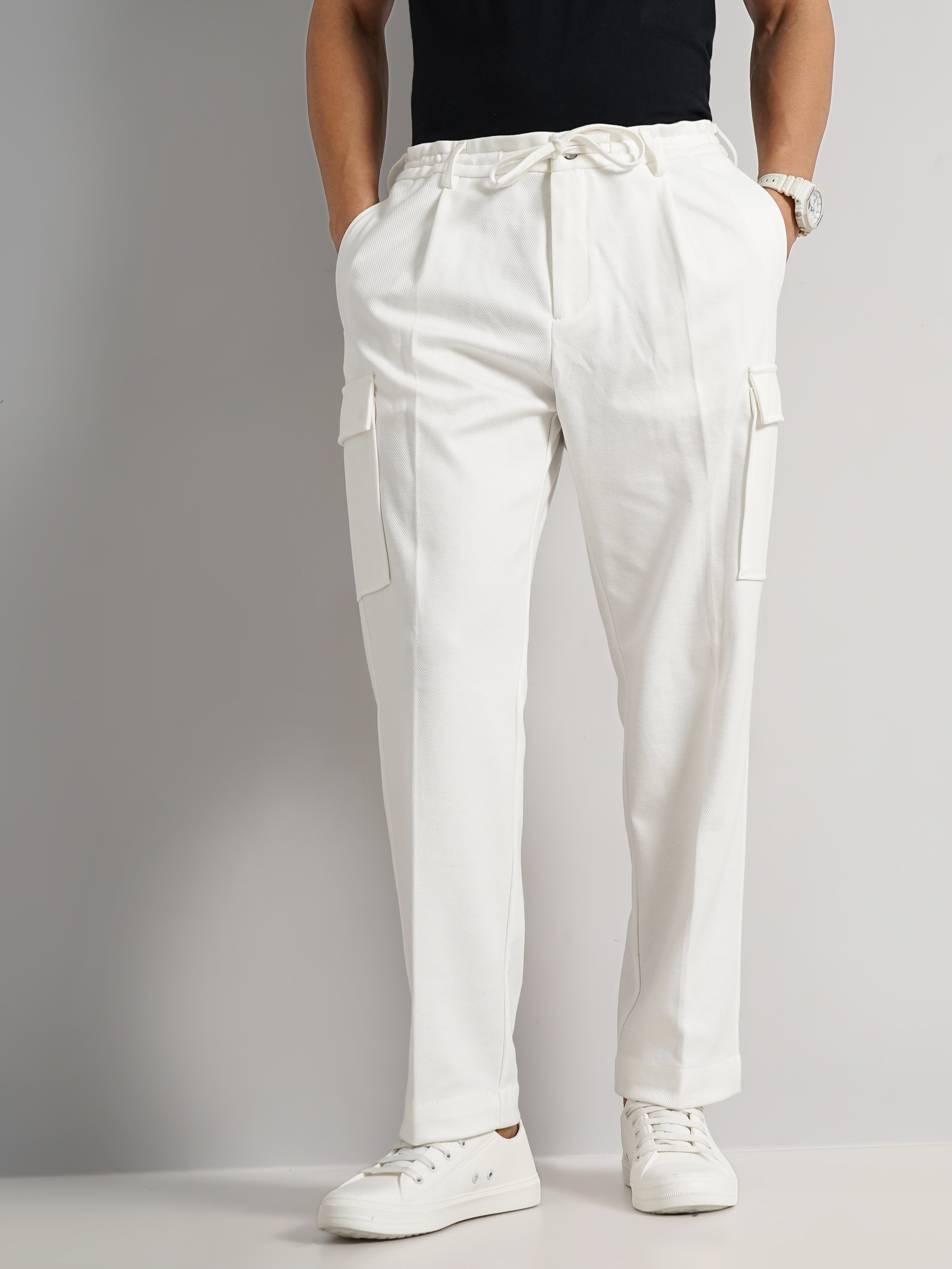 celio | Celio Men Off White Solid Regular Fit Cotton Trousers
