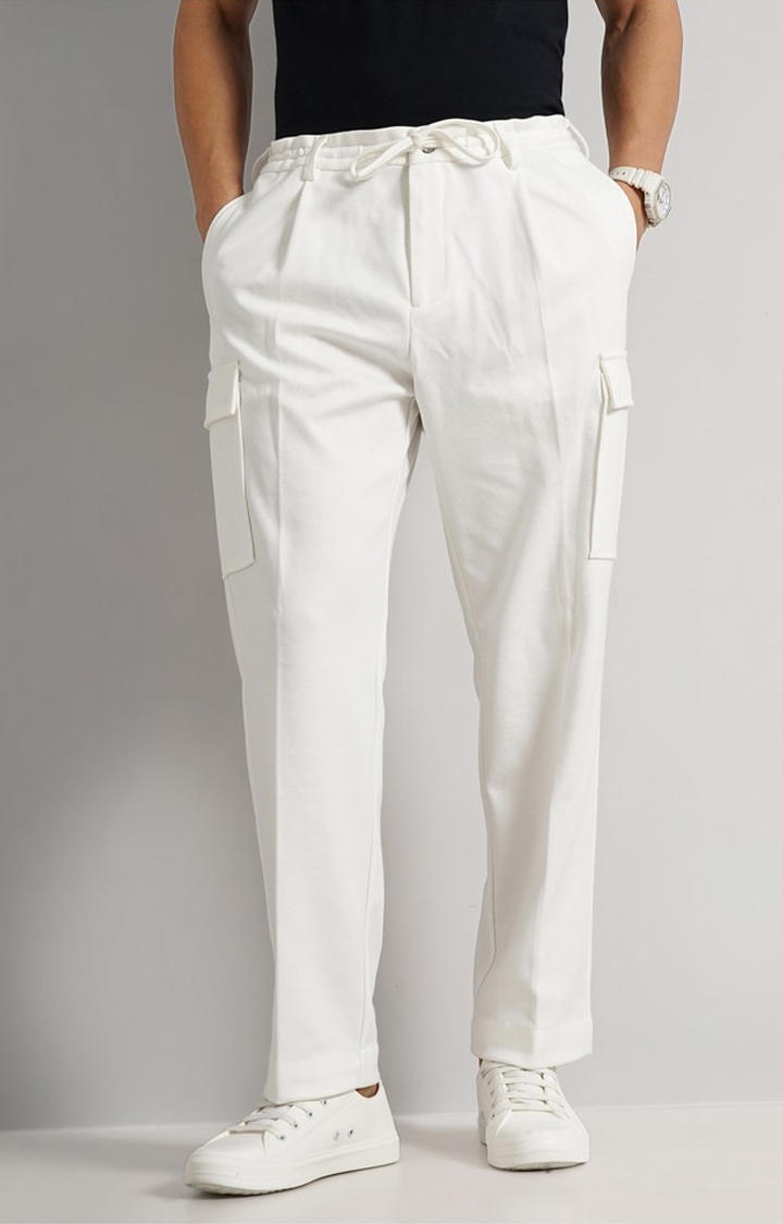 Celio Men Off White Solid Regular Fit Cotton Trousers