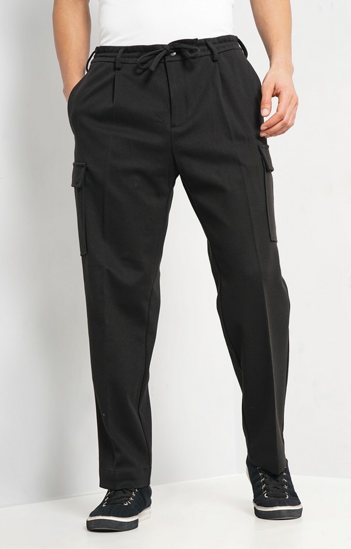 celio | Celio Men Black Solid Regular Fit Cotton Trousers