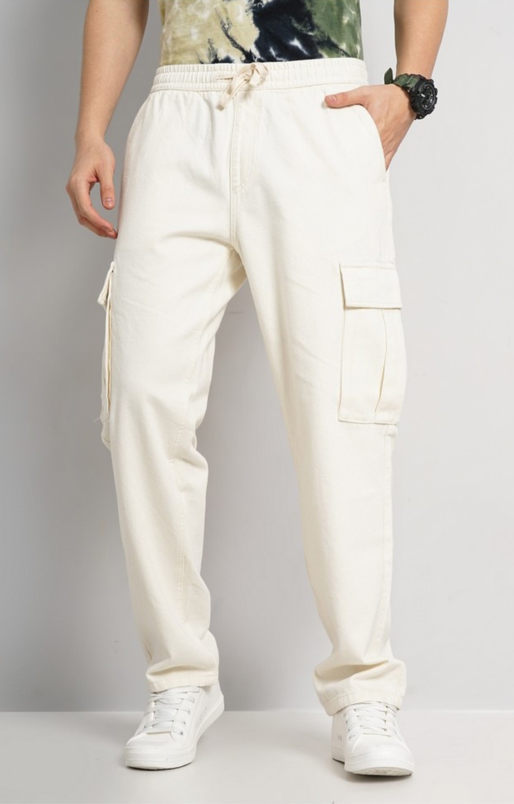 celio | Celio Men Beige Solid Loose Fit Cotton Trendy Cargo Casual Trousers