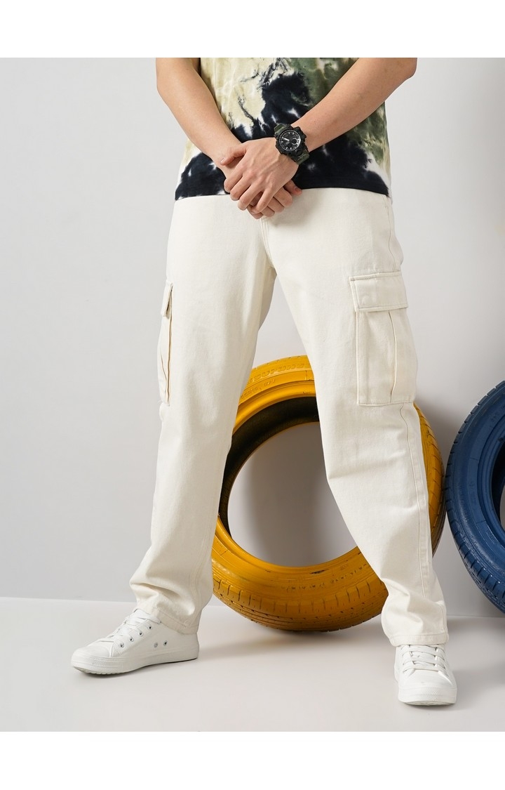 Celio Men Beige Solid Loose Fit Cotton Trendy Cargo Casual Trousers