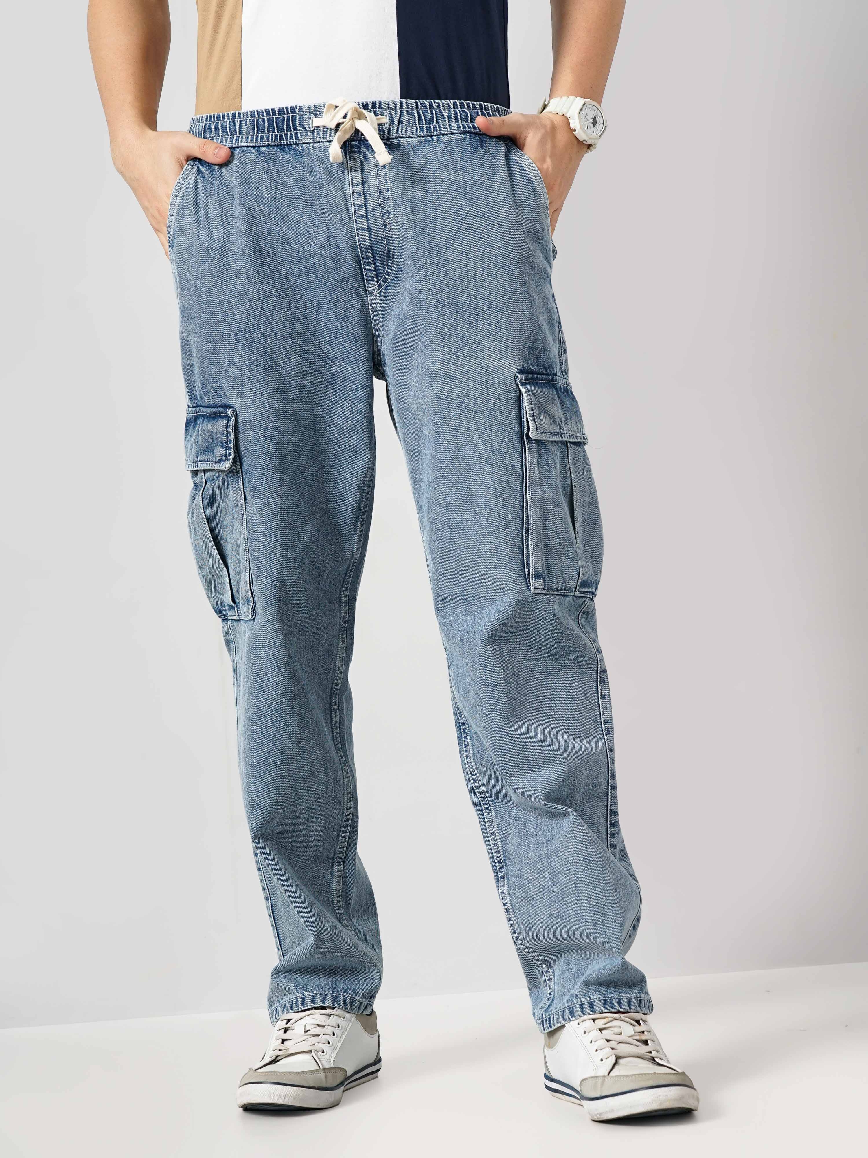 celio | Celio Men Blue Solid Loose Fit Cotton Trendy Cargo Casual Trousers