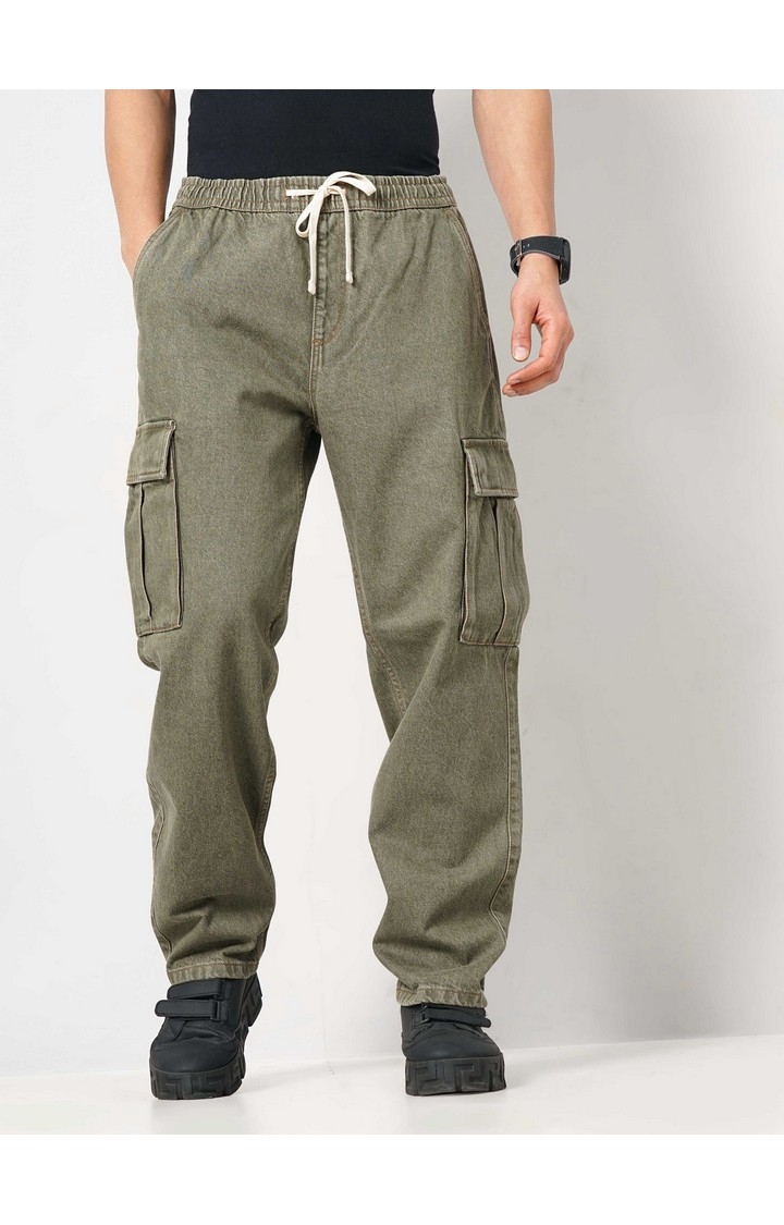 Celio Men Green Solid Loose Fit Cotton Trendy Cargo Casual Trousers