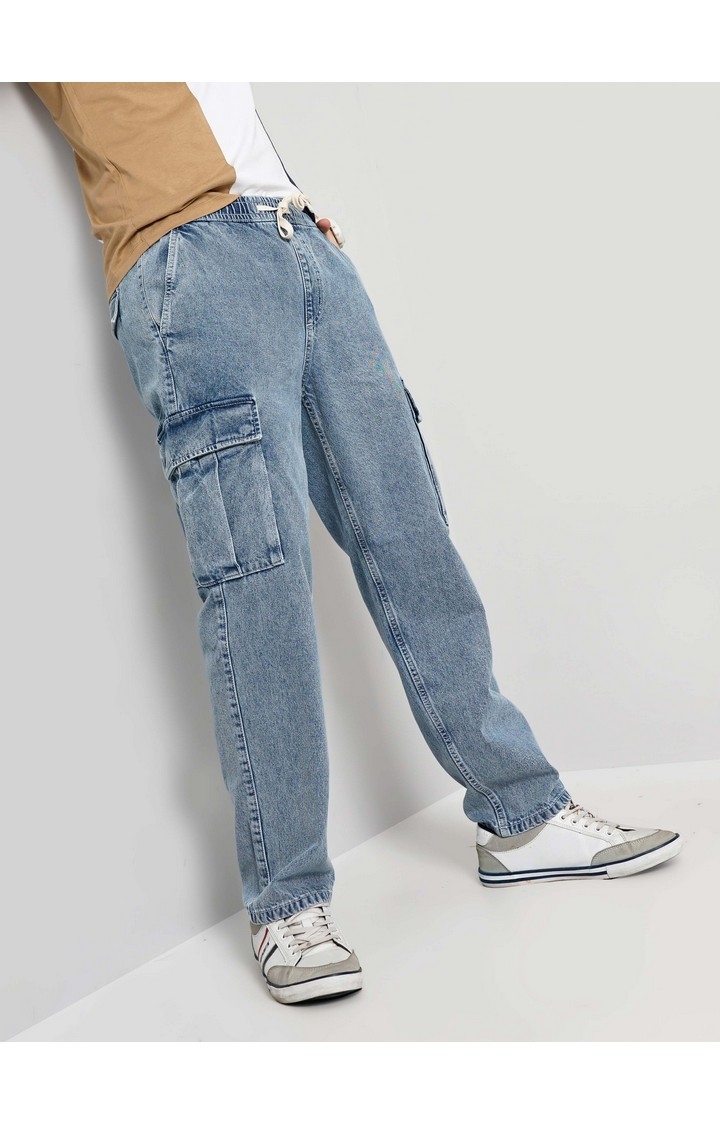 Celio Men Blue Solid Loose Fit Cotton Trendy Cargo Casual Trousers