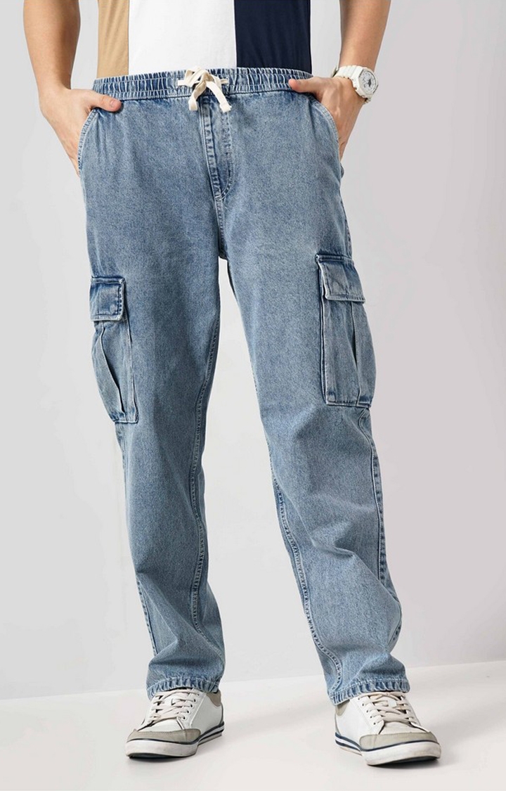 Celio Men Blue Solid Loose Fit Cotton Trendy Cargo Casual Trousers