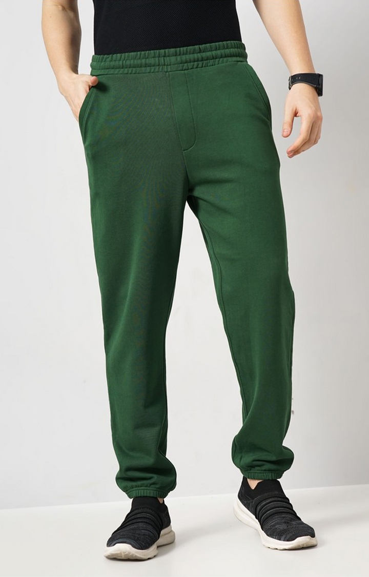 Celio Men Green Solid Loose Fit Cotton French Terry Casual Trousers