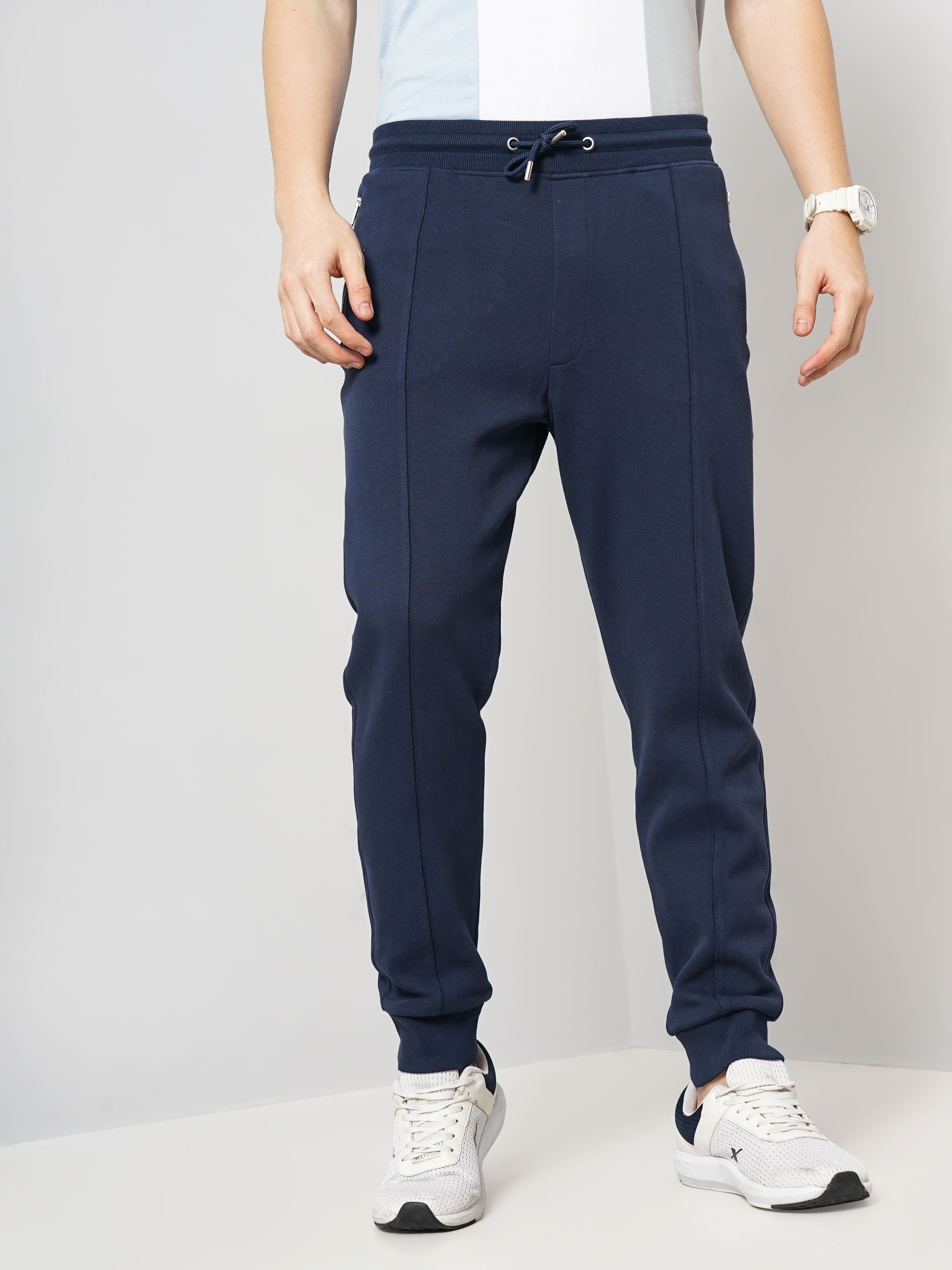 Celio Men Navy Blue Solid Loose Fit Cotton Pique Knitted Jogger Casual Trousers